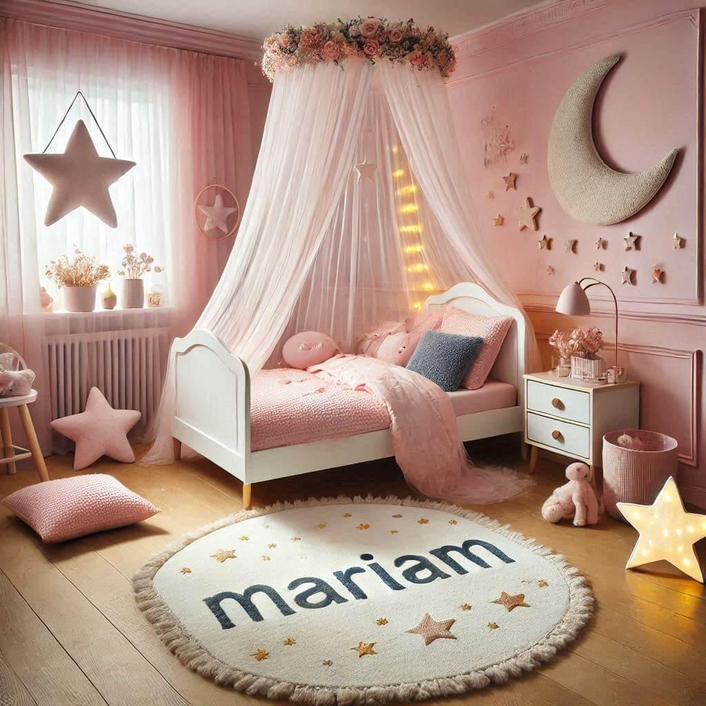 Une chambre de bebe fille personnalisee au prenom de mariam theme princesse couleur rose pale bleu nuit coussin etoile coussin lune tapis etoile ciel de lit guirlande lumineuse vue