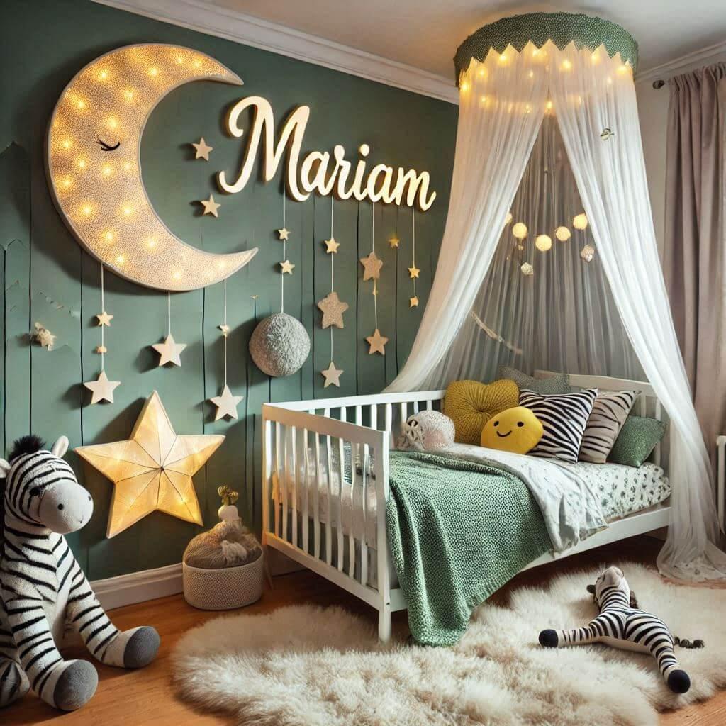 Une chambre de bebe fille personnalisee au prenom de mariam theme safari couleur vert pale jaune nuit coussin zebre coussin lune tapis etoile ciel de lit guirlande lumineuse peluch