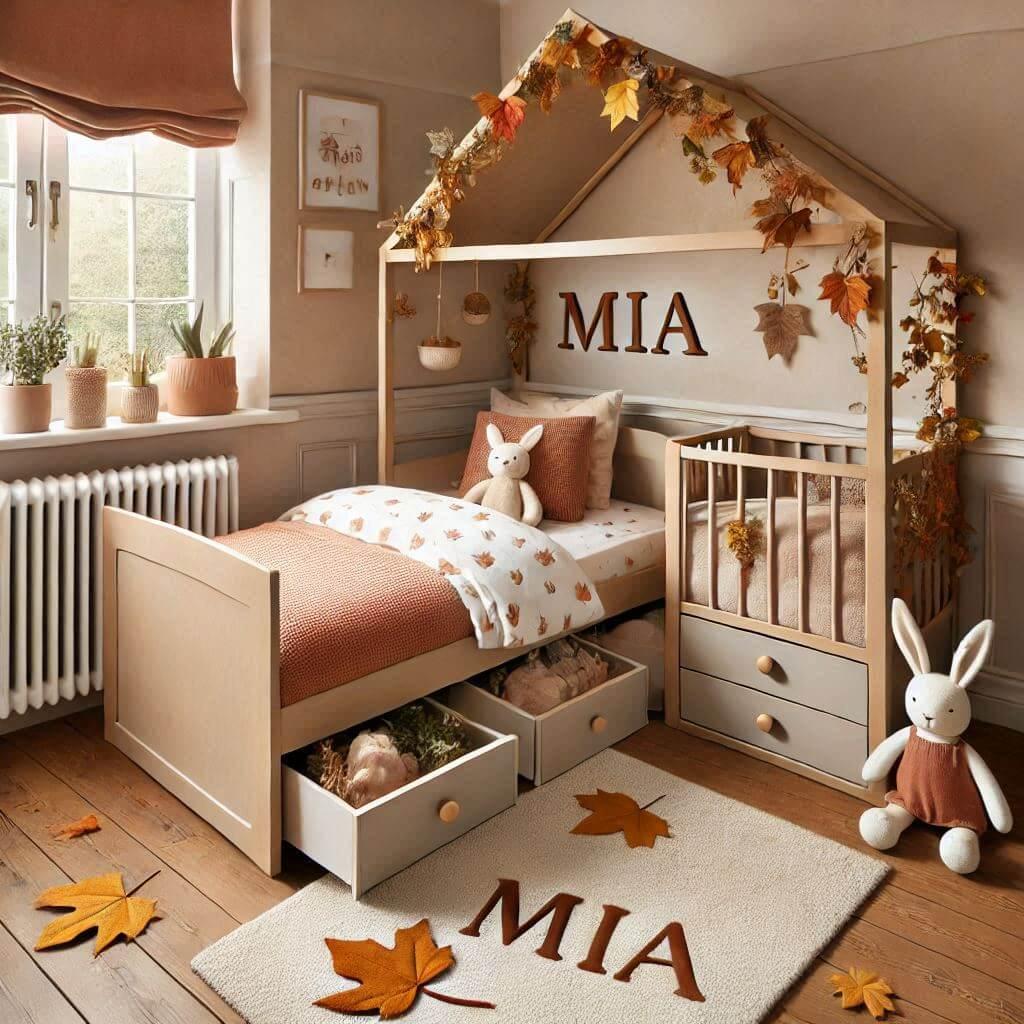 Une chambre de bebe fille personnalisee au prenom de mia theme automnal couleur marron clair orange pale terracota jaune lierre coussin lit cabane avec tiroirs feuille avec une pel