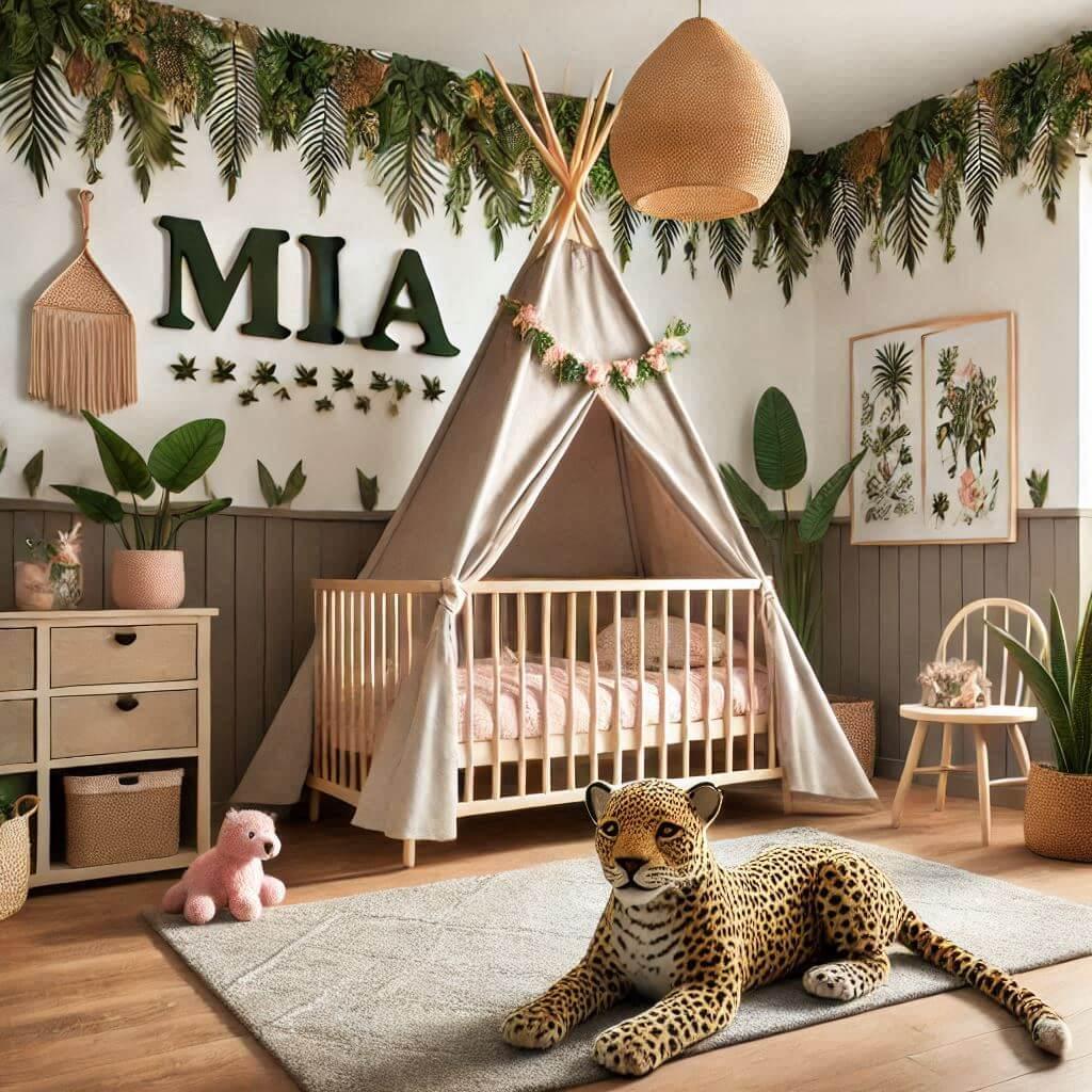 Une chambre de bebe fille personnalisee au prenom de mia theme jungle avec lit tipi avec une peluche panthere au sol