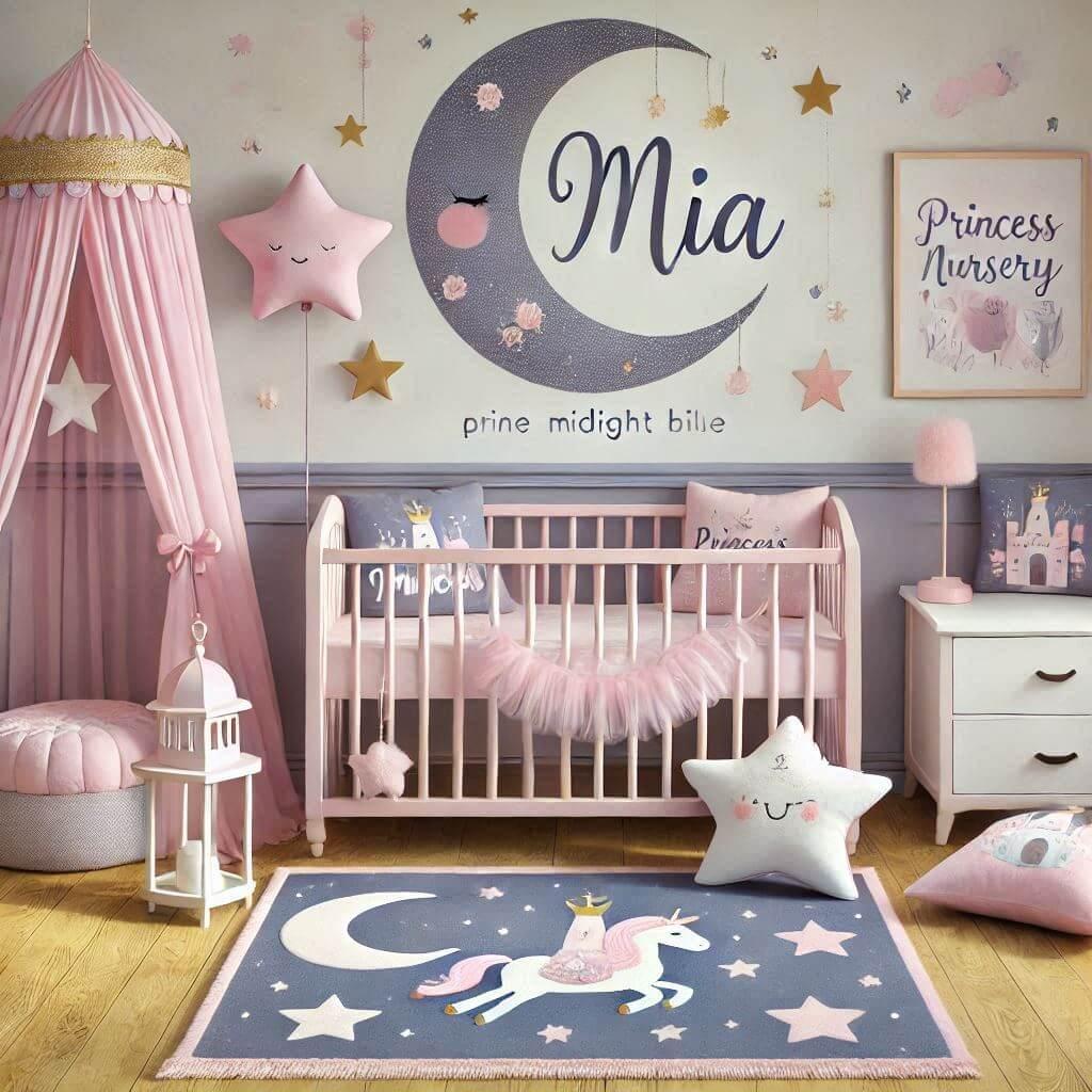 Une chambre de bebe fille personnalisee au prenom de mia theme princesse couleur rose pale et bleu nuit coussin etoile coussin lune tapis etoile 1