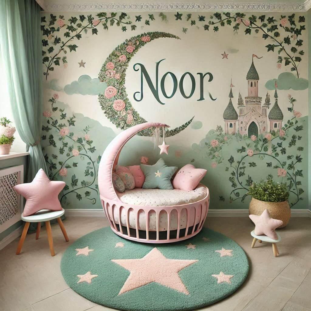 Une chambre de bebe fille personnalisee au prenom de noor theme conte et legende couleur vert d eau et rose pale lierre coussin etoile coussin lune tapis etoile lit rond