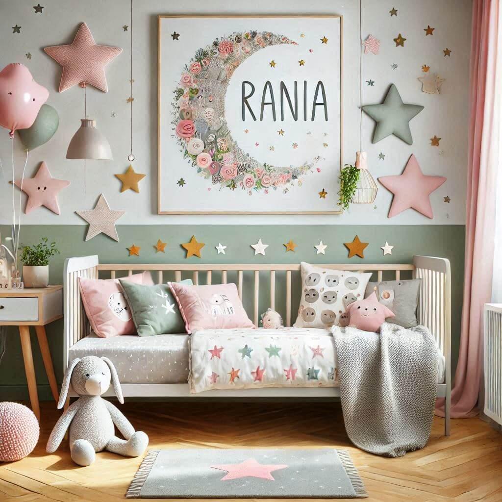 Une chambre de bebe fille personnalisee au prenom de rania theme conte et legende couleur vert d eau et rose pale lierre coussin etoile coussin lune tapis etoile lit rond 1 1