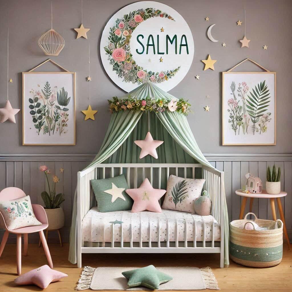 Une chambre de bebe fille personnalisee au prenom de salma theme conte et legende couleur vert d eau et rose pale lierre coussin etoile coussin lune tapis etoile lit rond 1