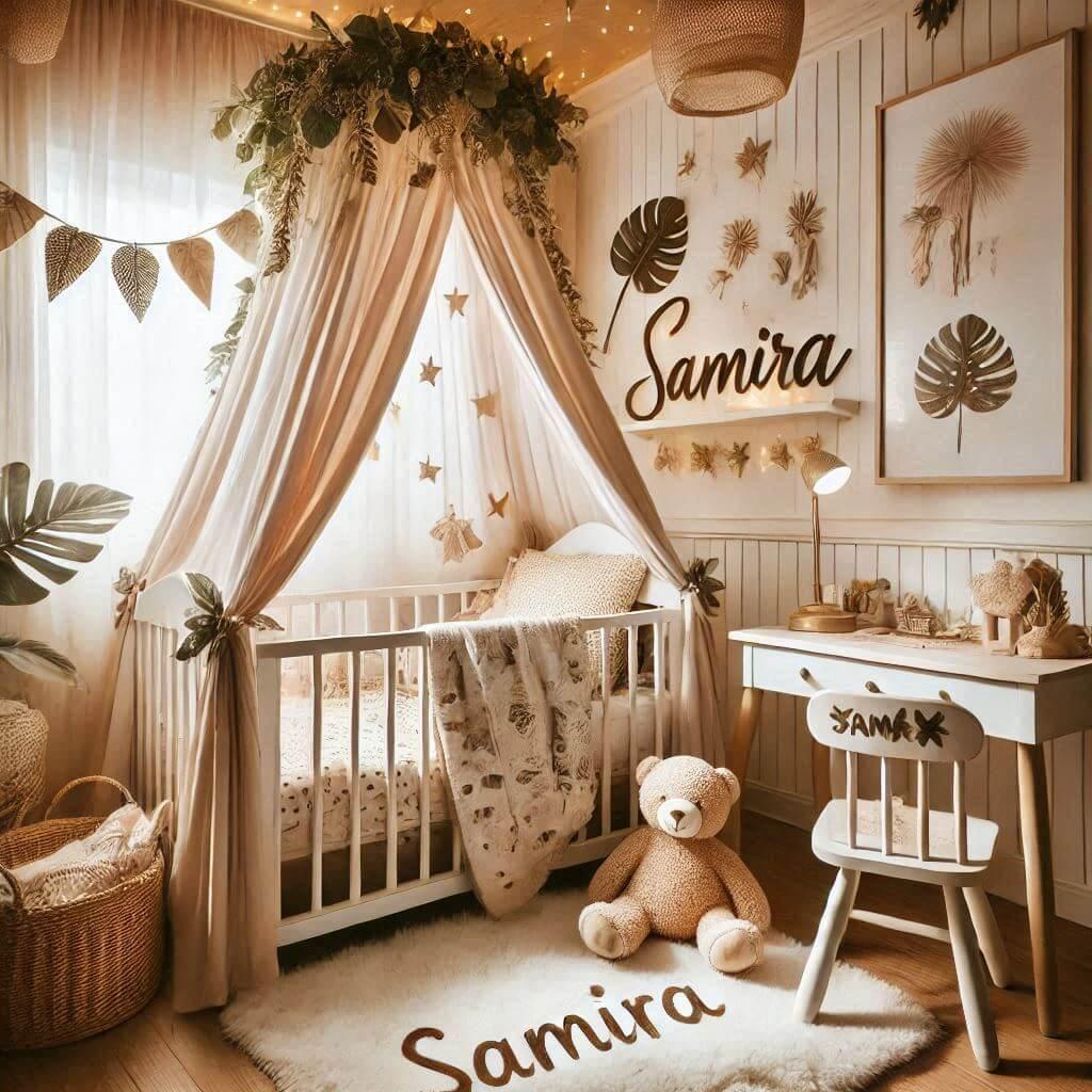 Une chambre de bebe fille personnalisee au prenom de samira ecrit en francais theme safari et fleurs chaise motif feuilles sur le tapis en fourure lit cabane comme une petite maiso