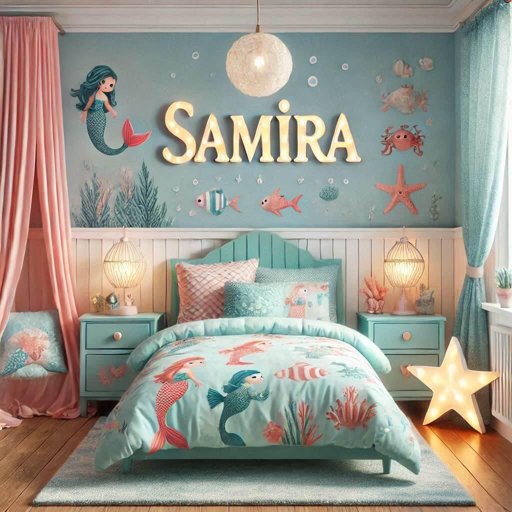 Une chambre de bebe fille personnalisee au prenom de samira ecrit en francais theme safari et fleurs chaise motif feuilles sur le tapis en fourure lit cabane comme une petite maiso