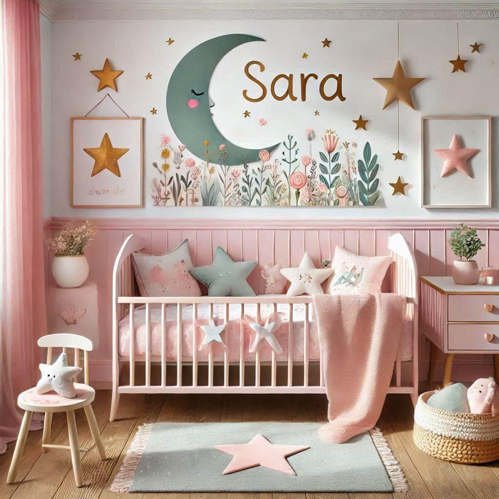 Une chambre de bebe fille personnalisee au prenom de sara theme conte et legende couleur vert d eau et rose pale lierre coussin etoile coussin lune tapis etoile lit rond 1 1 1