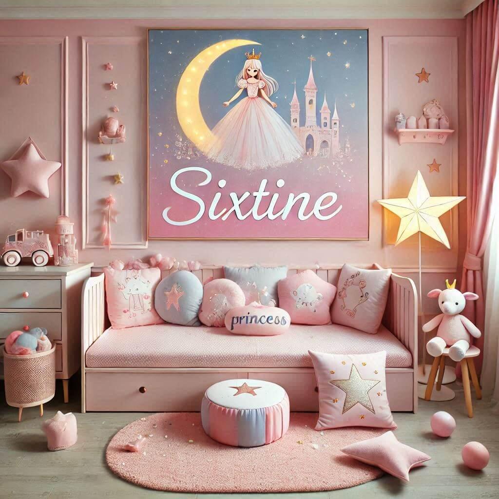 Une chambre de bebe fille personnalisee au prenom de sixtine theme princesse couleur rose pale bleu nuit coussin etoile coussin lune tapis etoile lampe allumee vue de loin