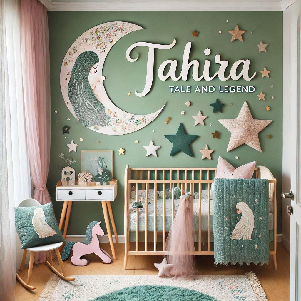 Une chambre de bebe fille personnalisee au prenom de tahira theme conte et legende couleur vert d eau et rose pale coussin etoile coussin lune tapis etoile 1