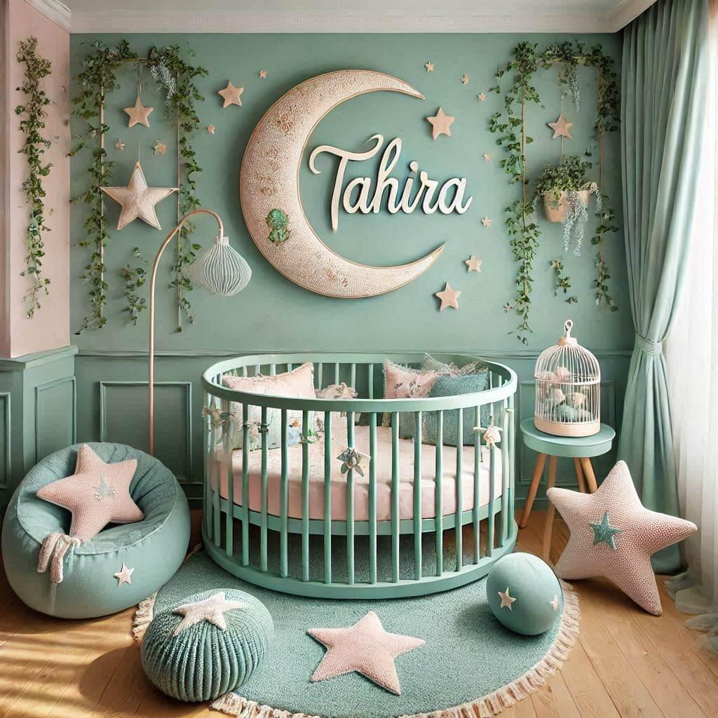 Une chambre de bebe fille personnalisee au prenom de tahira theme conte et legende couleur vert d eau et rose pale lierre coussin etoile coussin lune tapis etoile lit rond