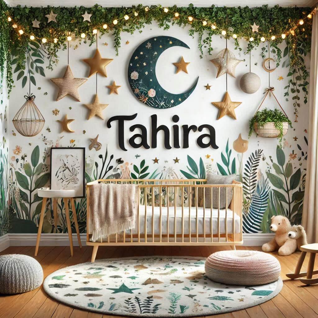 Une chambre de bebe fille personnalisee au prenom de tahira theme jungle lierre coussin etoile coussin lune tapis etoile lit rond