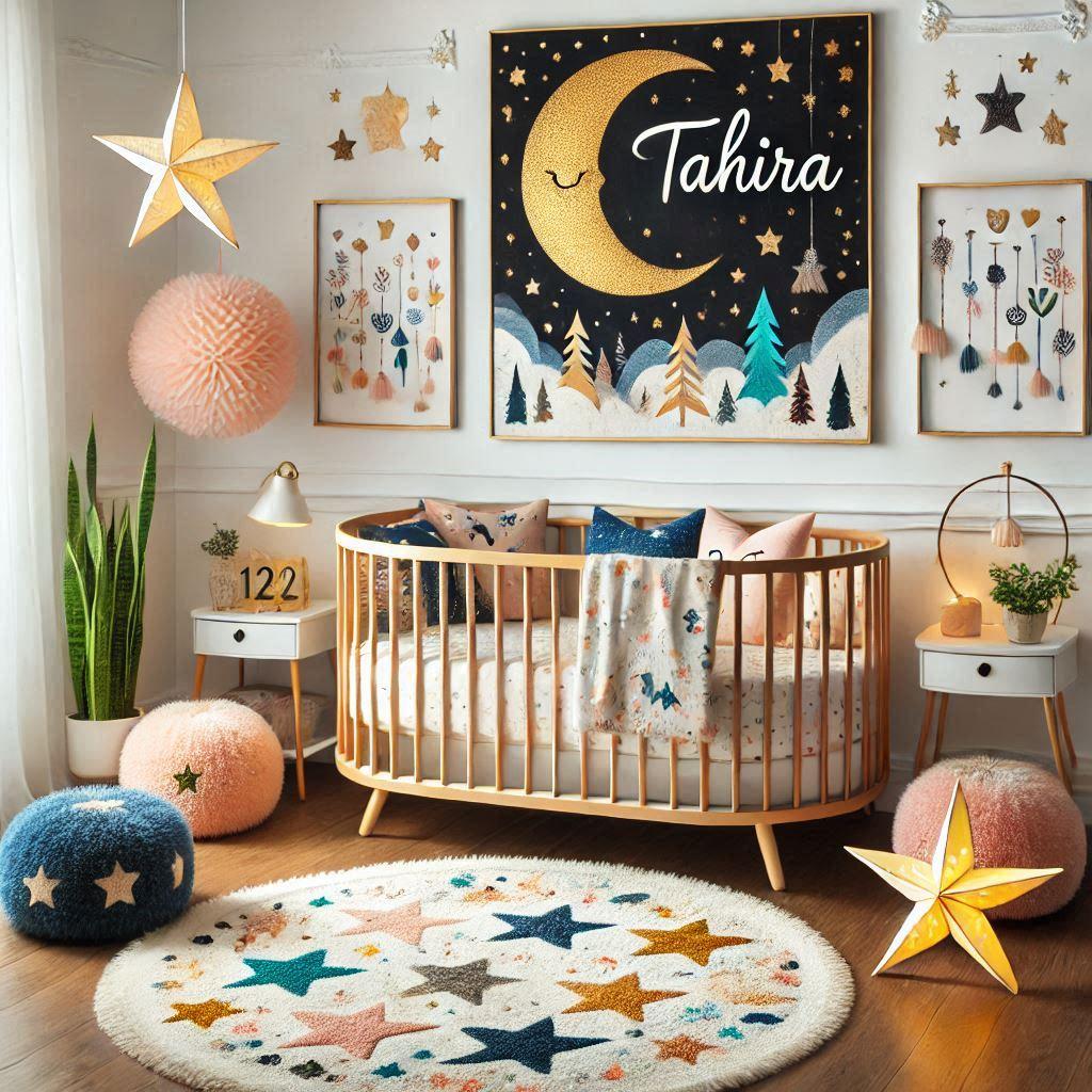 Une chambre de bebe fille personnalisee au prenom de tahira theme nuit etoilee coussin etoile coussin lune tapis etoile lit rond