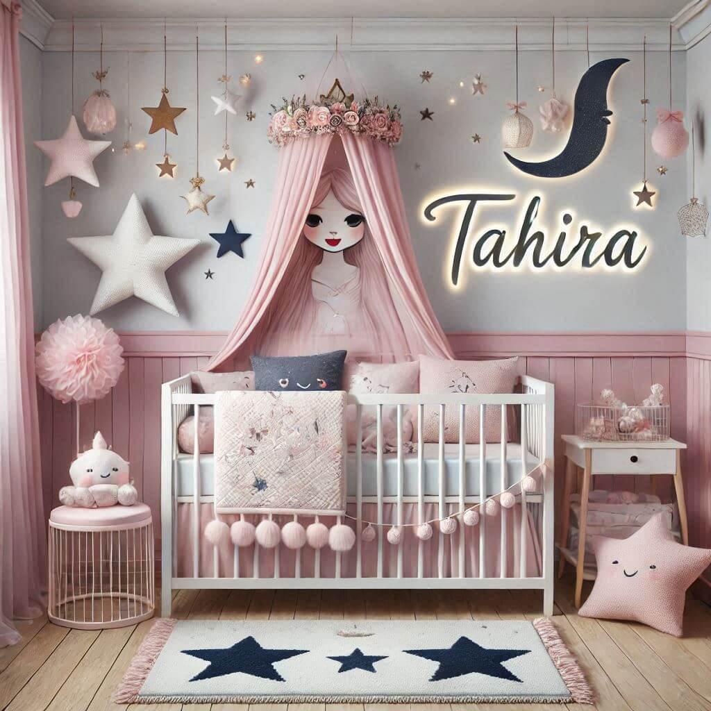 Une chambre de bebe fille personnalisee au prenom de tahira theme princesse couleur rose pale bleu nuit coussin etoile coussin lune tapis etoile