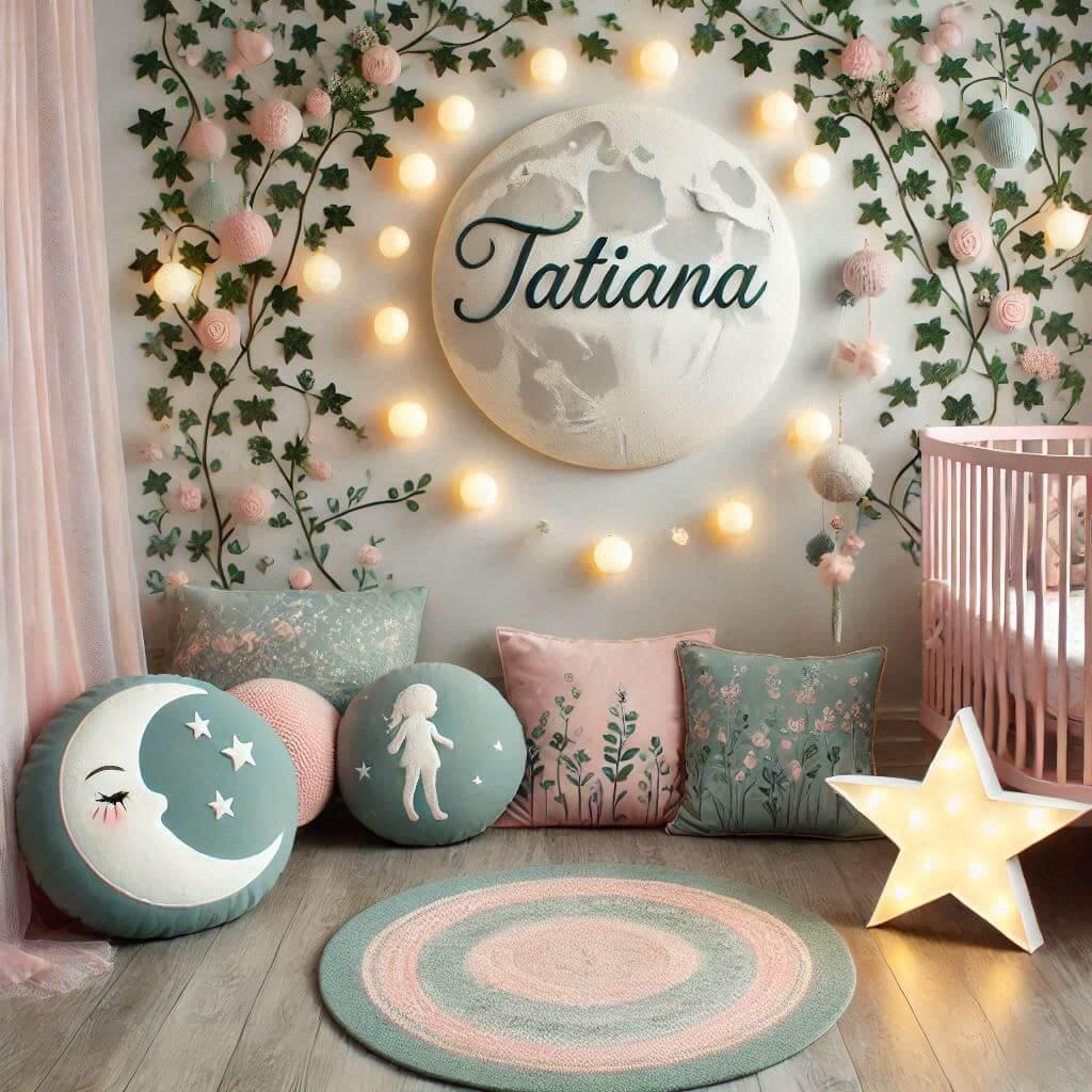 Une chambre de bebe fille personnalisee theme conte et legende couleur vert d eau et rose pale lierre coussin etoile coussin lune tapis etoile lit rond allumee au prenom de tatiana