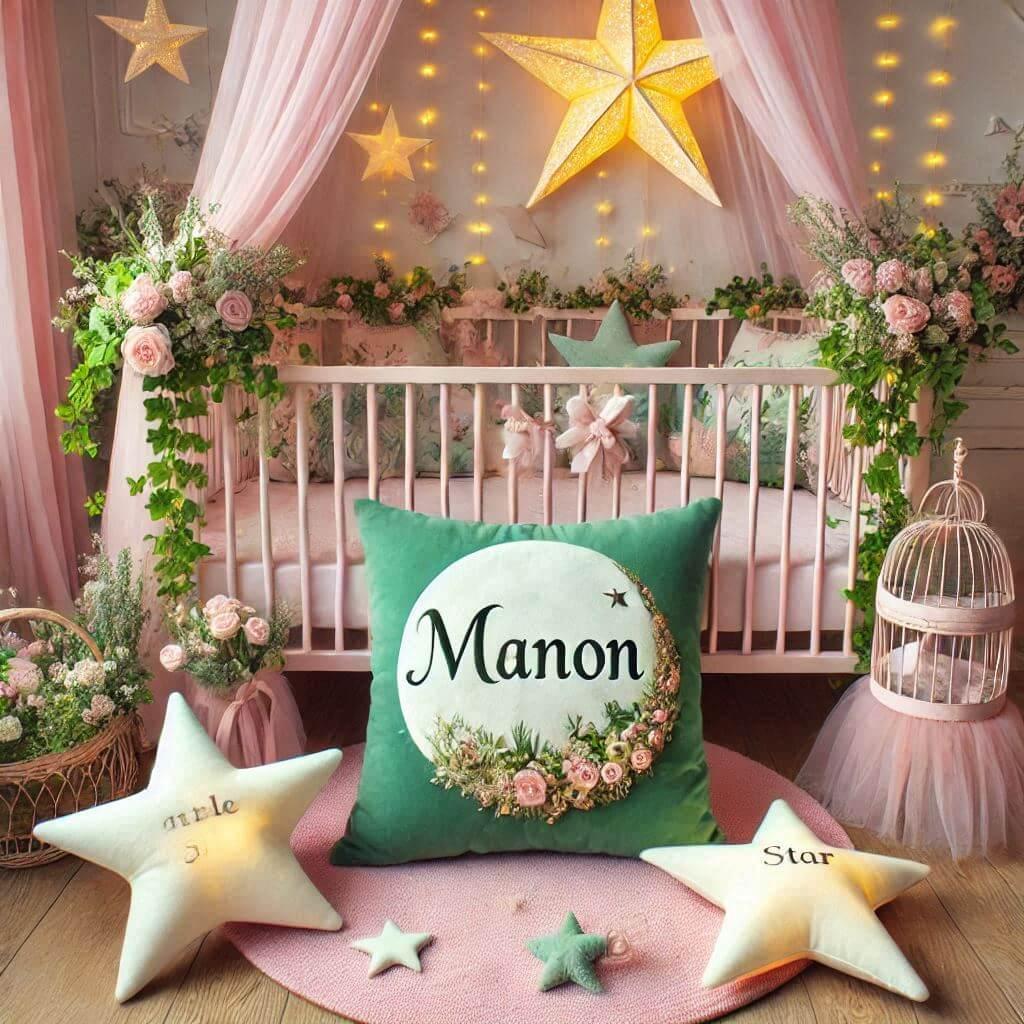 Une chambre de bebe fille personnalisee theme conte et legende couleur vert d eau et rose, prenom manon