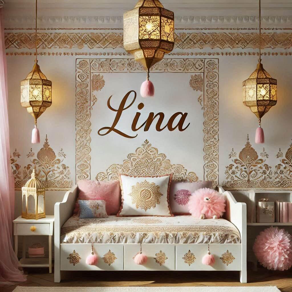 Une chambre de bebe fille sur le theme oriental avec le prenom lina incluant des arabesques elegantes gravees ou peintes au mur une decoration lumineuse avec des lanternes dorees s