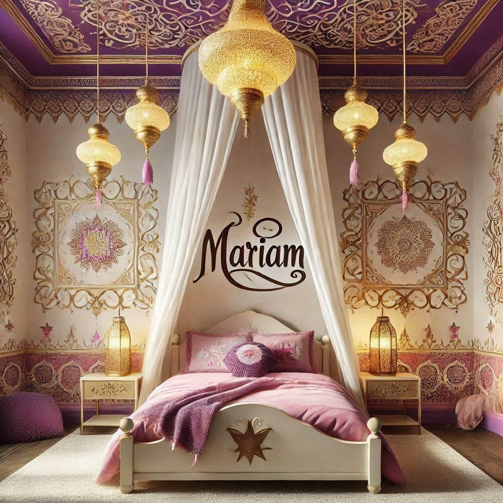 Une chambre de bebe fille sur le theme oriental avec le prenom mariam incluant des arabesques elegantes gravees ou peintes au mur ciel de lit lit simple une decoration lumineuse av