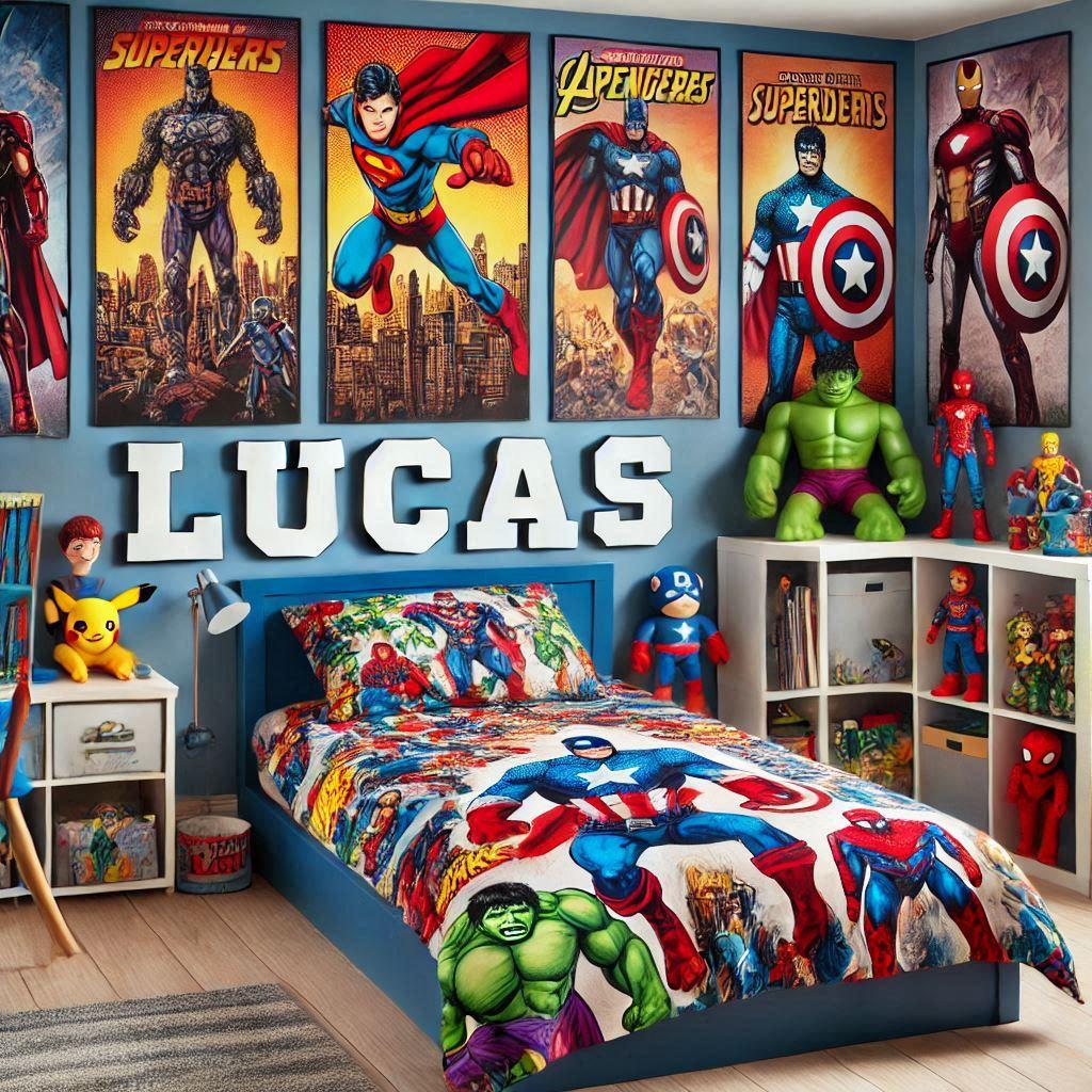 Une chambre de bebe garcon avec un univers super heros et le prenom lucas