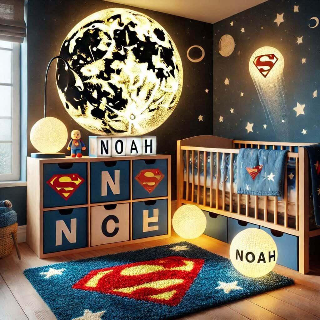 Une chambre de bebe garcon avec un univers super heros et le prenom noah meuble cube tapis motif logo superman lampe superman allumee lumiere traversante 1