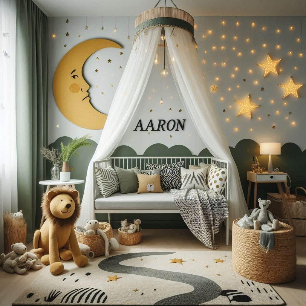 Une chambre de bebe garcon personnalisee au prenom de aaron theme safari couleur vert pale jaune nuit coussin zebre coussin lune tapis etoile ciel de lit guirlande lumineuse peluch