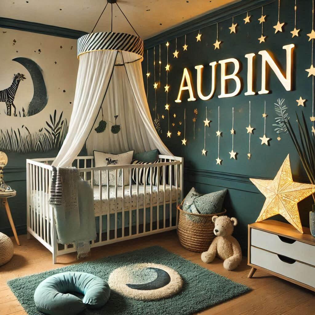 chambre enfant theme espace ciel etoile, prenom aubin