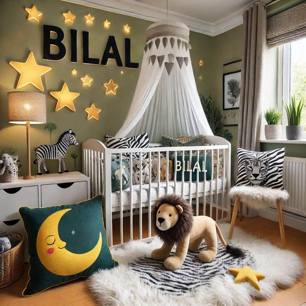 Une chambre de bebe garcon personnalisee au prenom de bilal ecrit en francais theme safari couleur vert pale jaune nuit coussin zebre coussin lune tapis etoile ciel de lit guirland