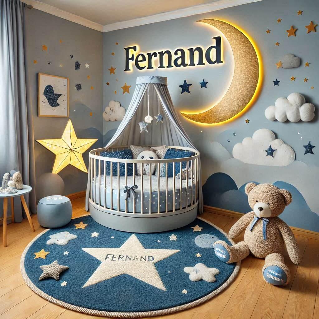 Une chambre de bebe garcon personnalisee au prenom de fernand sur le theme nuit etoilee avec des coussins etoile et lune un tapis etoile et un lit rond 1