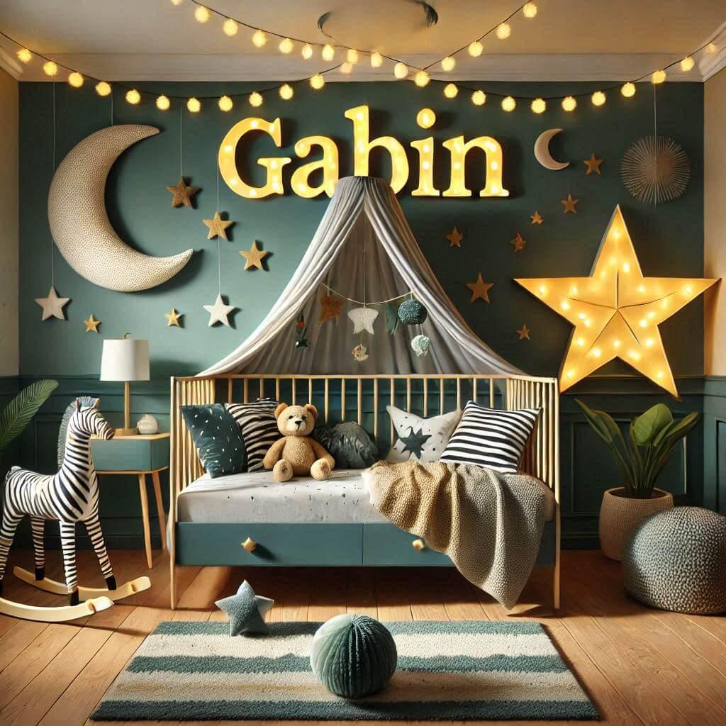 Une chambre de bebe garcon personnalisee au prenom de gabin theme safari couleur vert d eau jaune nuit coussin zebre coussin lune tapis etoile ciel de lit guirlande lumineuse allum