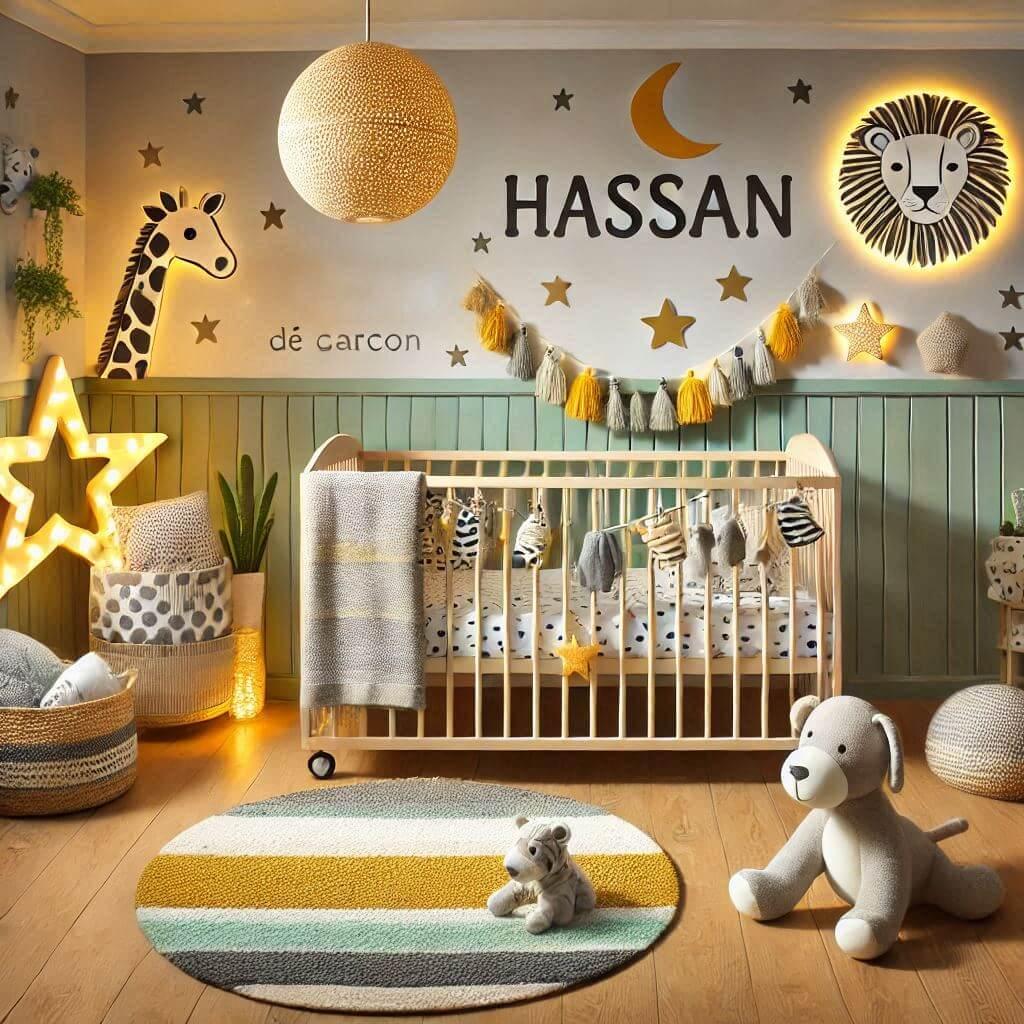 Une chambre de bebe garcon personnalisee au prenom de hassan theme safari couleur vert pale jaune nuit coussin zebre coussin lune tapis etoile ciel de lit guirlande lumineuse peluc