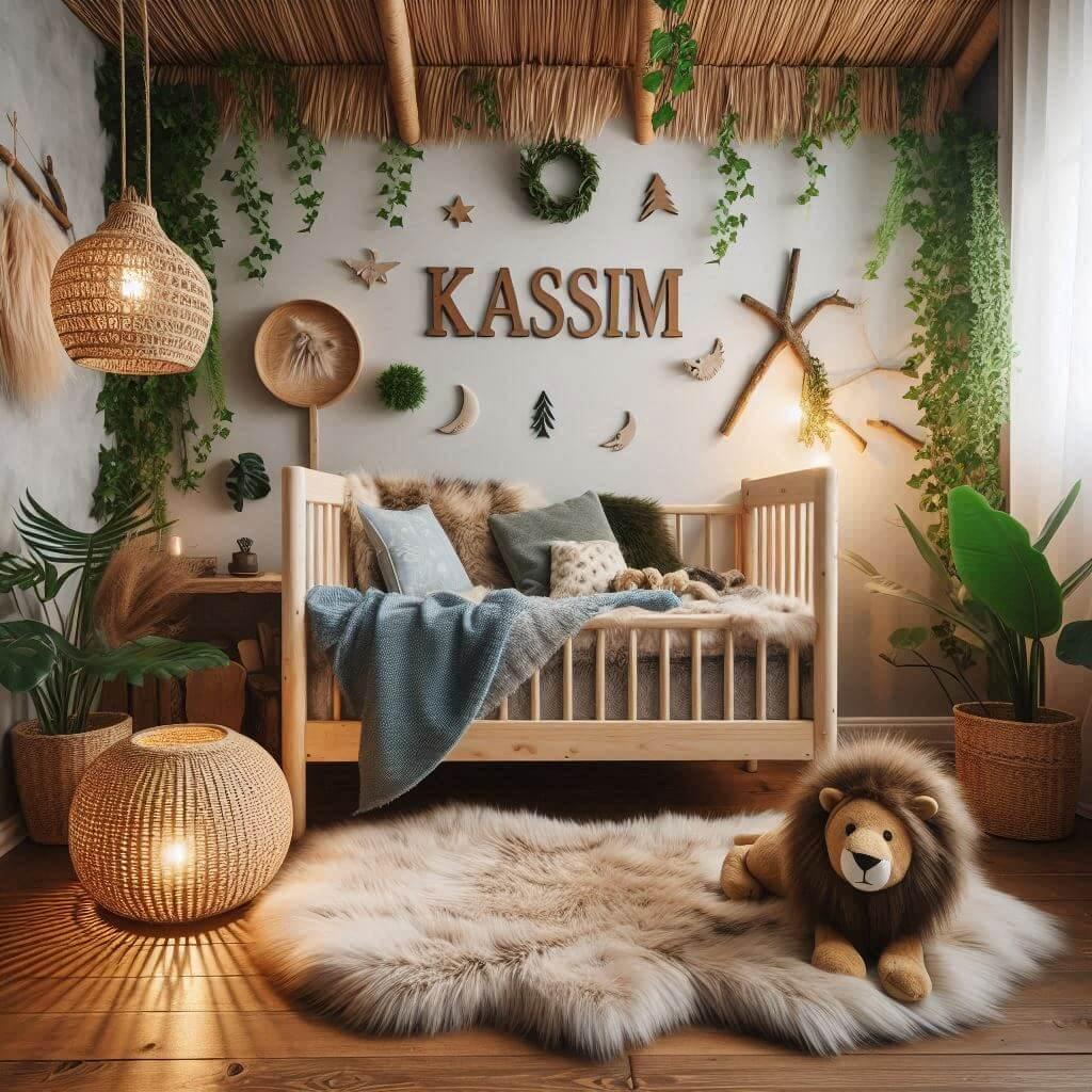 Une chambre de bebe garcon personnalisee au prenom de kassim theme foret avec lit cabane tapis fourrure lierre petite peluche lion sur le tapis lampe en rotin allumee