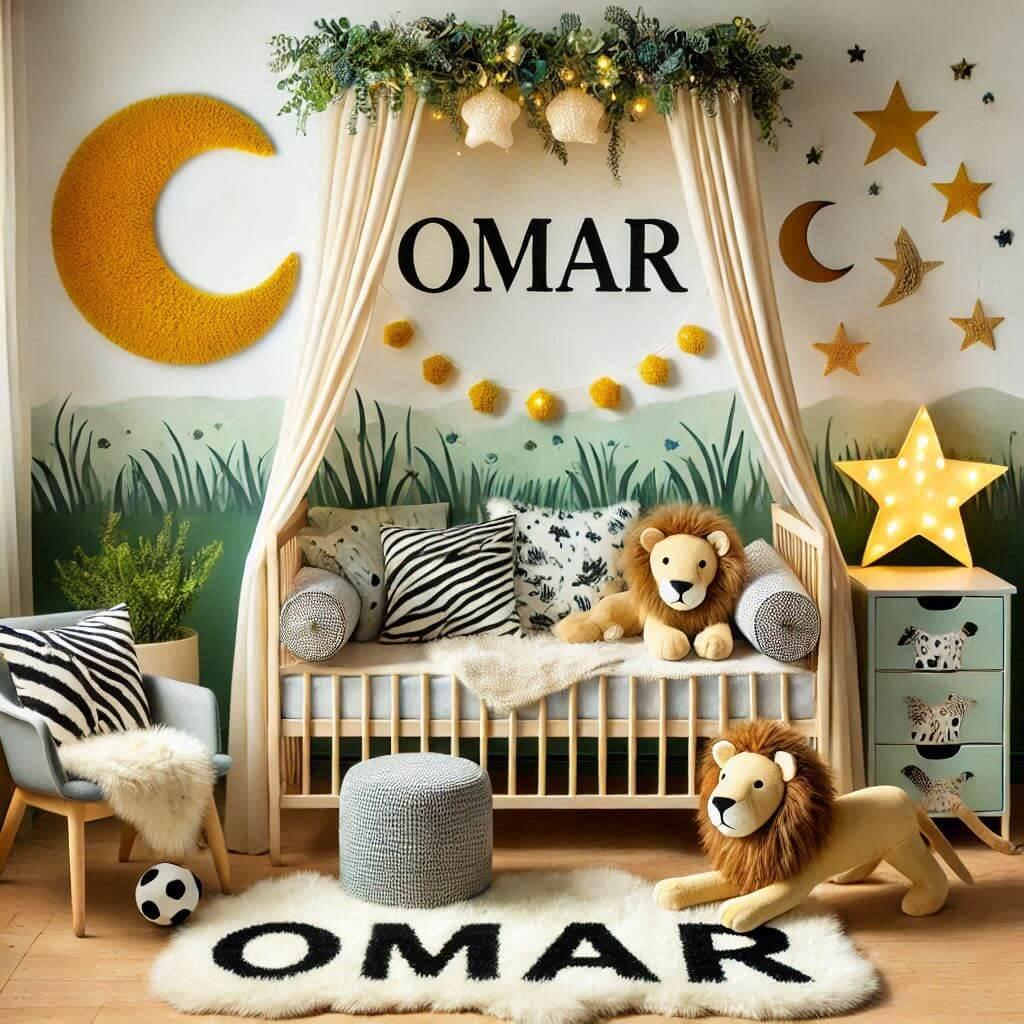 Une chambre de bebe garcon personnalisee au prenom de omar ecrit en francais theme safari couleur vert pale jaune nuit coussin zebre coussin lune tapis etoile ciel de lit guirlande