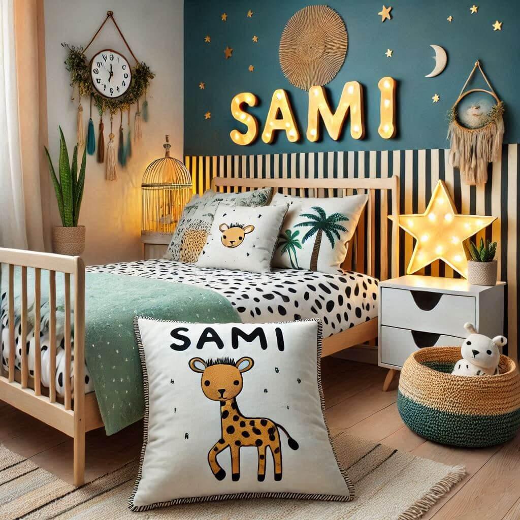 Une chambre de bebe garcon personnalisee au prenom de sami theme safari couleur vert d eau jaune nuit coussin zebre coussin lune tapis etoile ciel de lit guirlande lumineuse allume