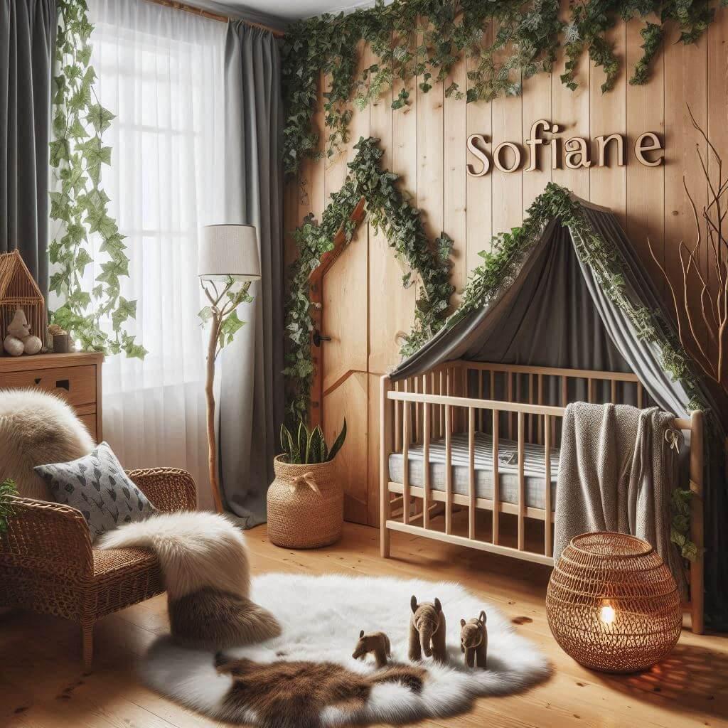 Une chambre de bebe garcon personnalisee au prenom de sofiane theme foret avec lit cabane voilage tapis fourrure lierre petite peluche elephant sur le tapis lampe en rotin allumee