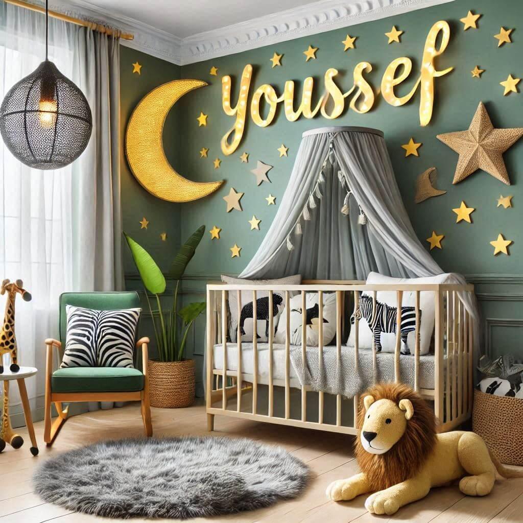 Une belle chambre de bebe garcon personnalisee au prenom de youssef, chambre enfant theme safari