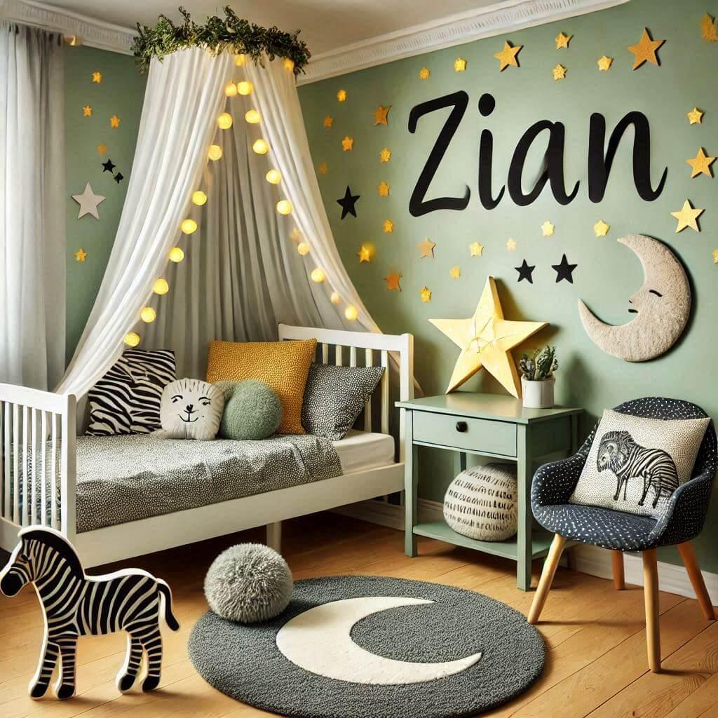 Une chambre de bebe garcon personnalisee au prenom de zian ecrit en francais theme safari couleur vert pale jaune nuit coussin zebre coussin lune tapis etoile ciel de lit guirlande