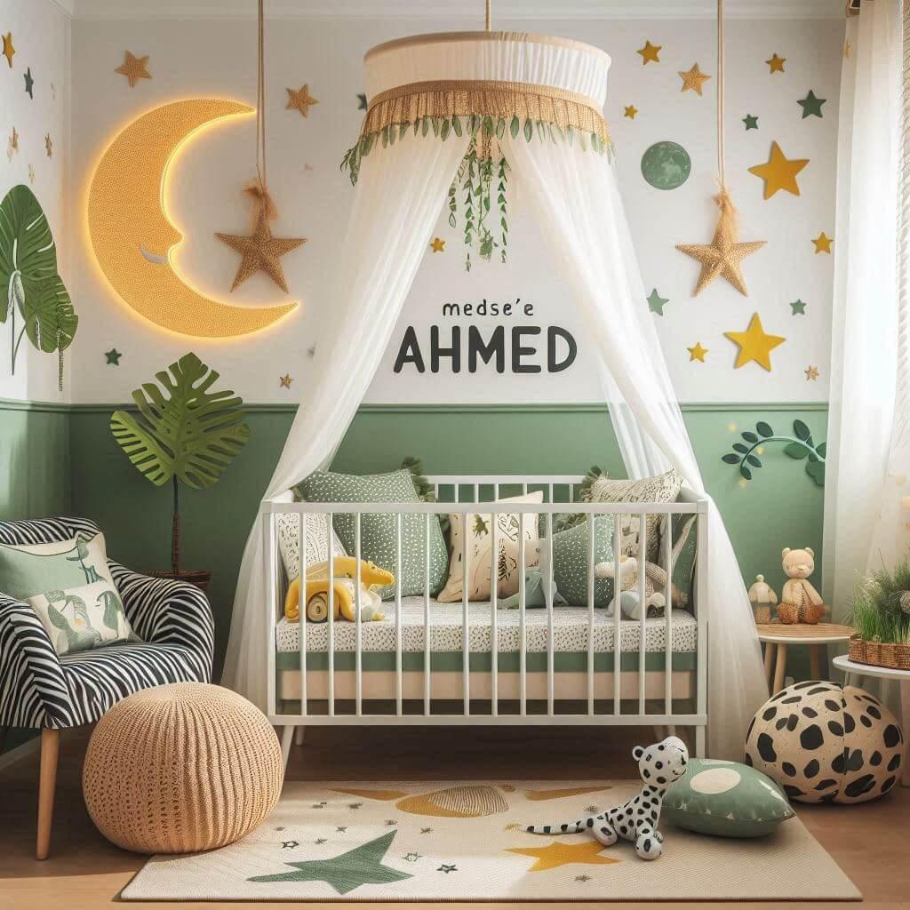 Chambre de bébé personnalisée au prénom Ahmed avec thème jungle, couleurs vert pâle et jaune, coussins zèbre et lune, tapis étoile.