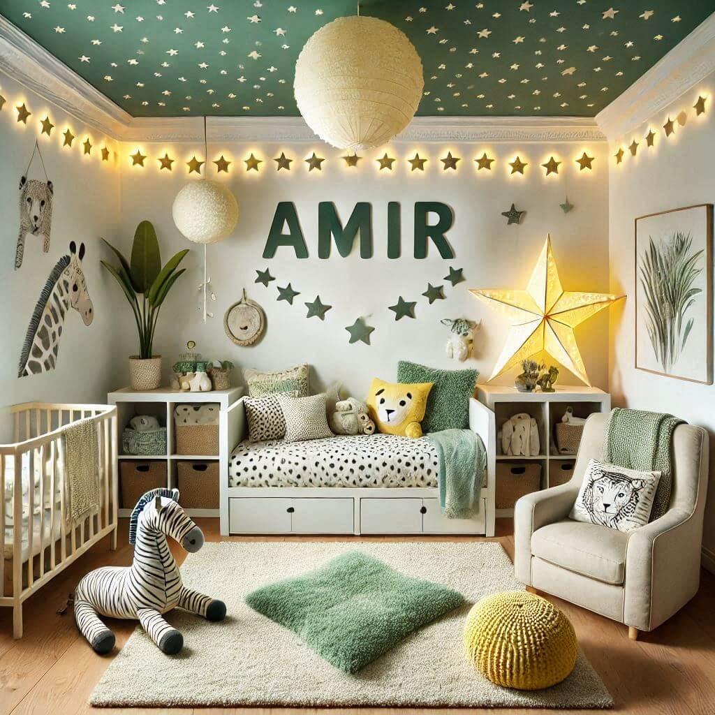 Une chambre de bebe personnalisee au prenom de amir, theme safari