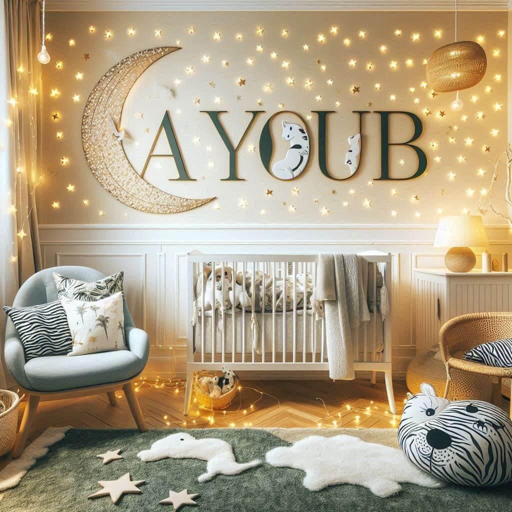 Une chambre de bebe personnalisee au prenom de ayoub ecrit en francais theme jungle couleur vert pale jaune nuit coussin zebre coussin lune tapis etoile ciel de lit guirlande lumin