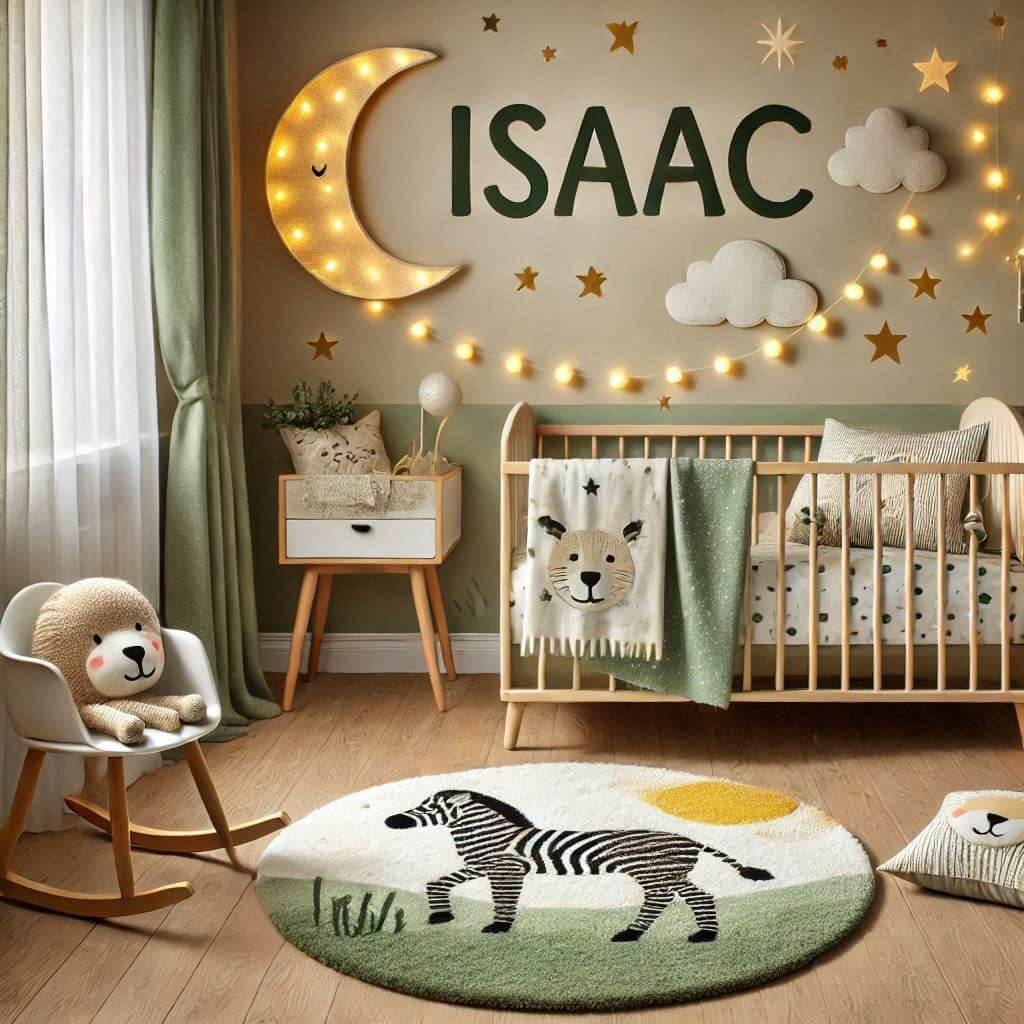 Une chambre de bebe personnalisee au prenom de isaac theme safari couleur vert pale jaune nuit coussin zebre coussin lune tapis etoile ciel de lit guirlande lumineuse chaise motif