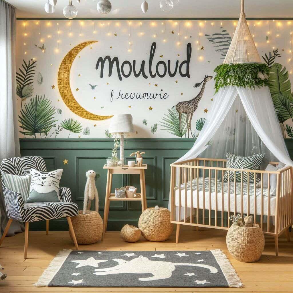 Une chambre de bebe personnalisee au prenom de mouloud ecrit en francais theme jungle couleur vert pale jaune nuit coussin zebre coussin lune tapis etoile ciel de lit guirlande lum