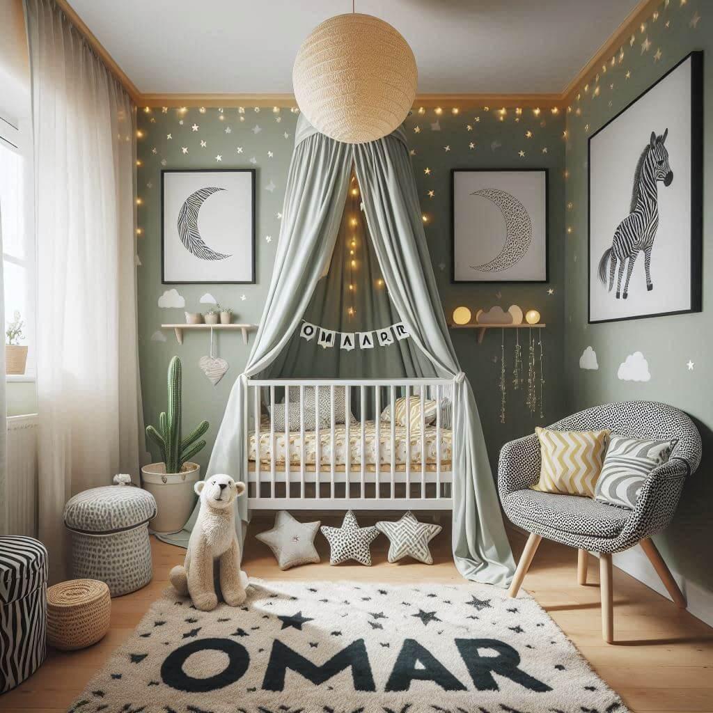 Une chambre de bebe personnalisee au prenom de omar theme safari couleur vert pale jaune nuit coussin zebre coussin lune tapis etoile ciel de lit guirlande lumineuse chaise motif 1