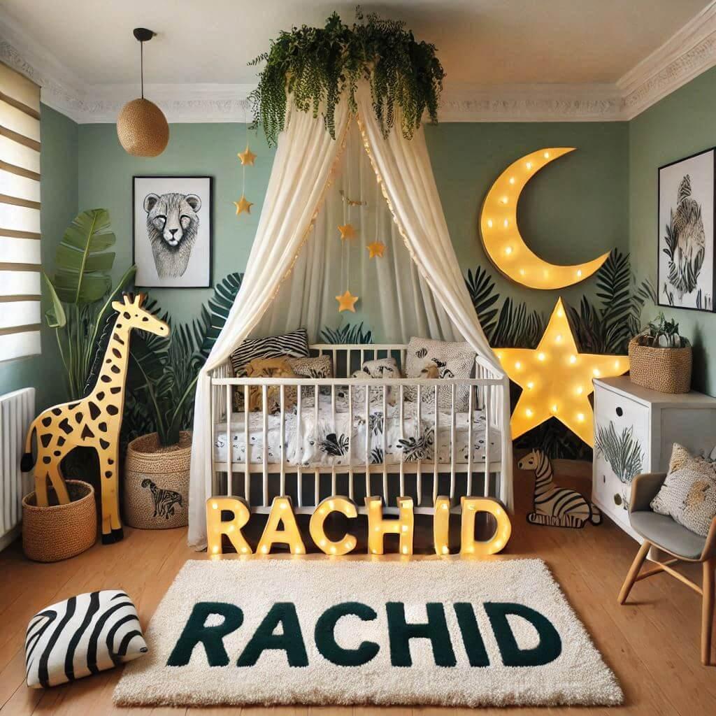 Une chambre de bebe personnalisee au prenom de rachid ecrit en francais theme safari couleur vert pale jaune nuit coussin zebre coussin lune tapis etoile ciel de lit guirlande lumi