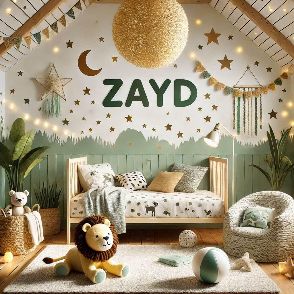 Une chambre de bebe personnalisee au prenom de zayd ecrit en francais theme safari couleur vert pale jaune nuit coussin zebre coussin lune tapis etoile ciel de lit guirlande lumine