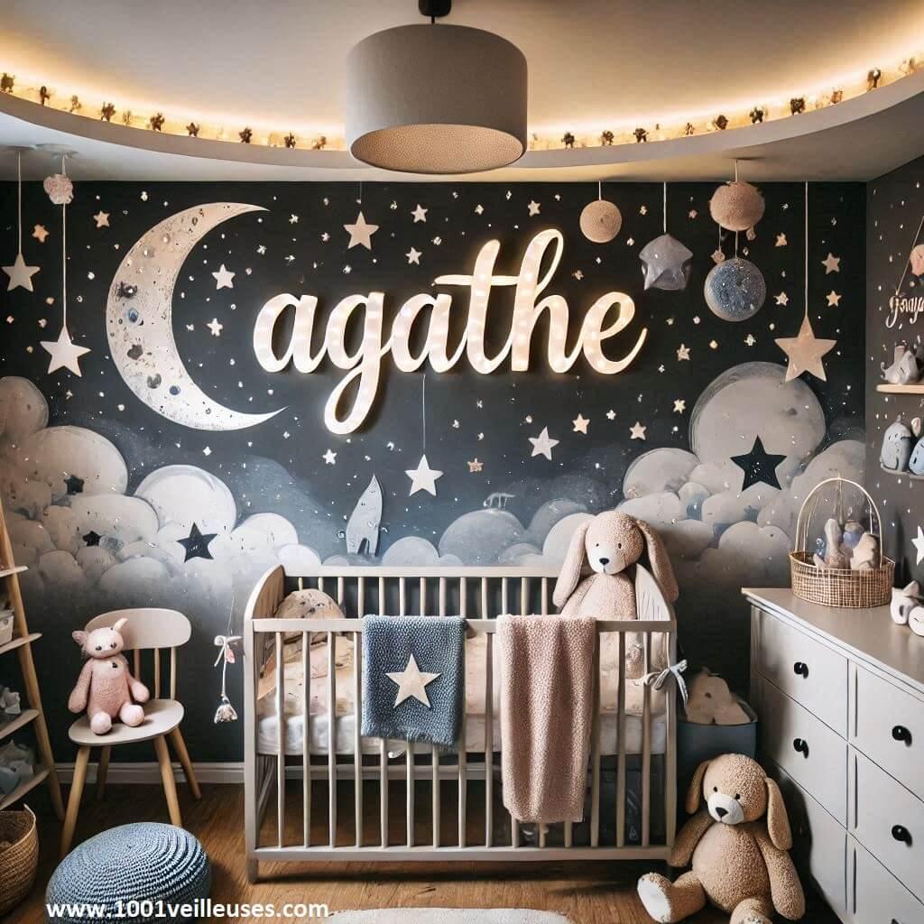 une belle chambre de bébé fille vec le prénom Agathe, theme lune et etoile, aux couleurs bleu nuit et rose pastel