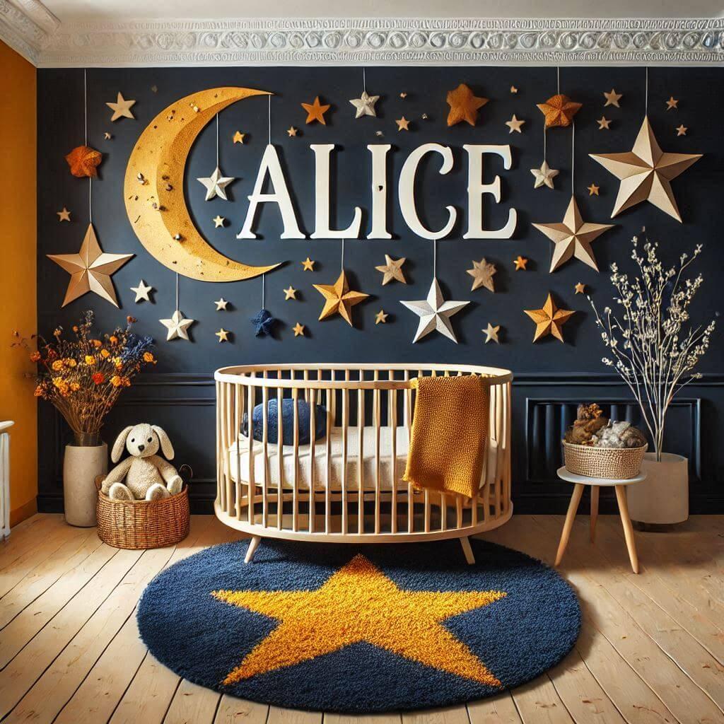 une belle chambre avec le prénom Alice écrit sur le mur, theme ciel etoile