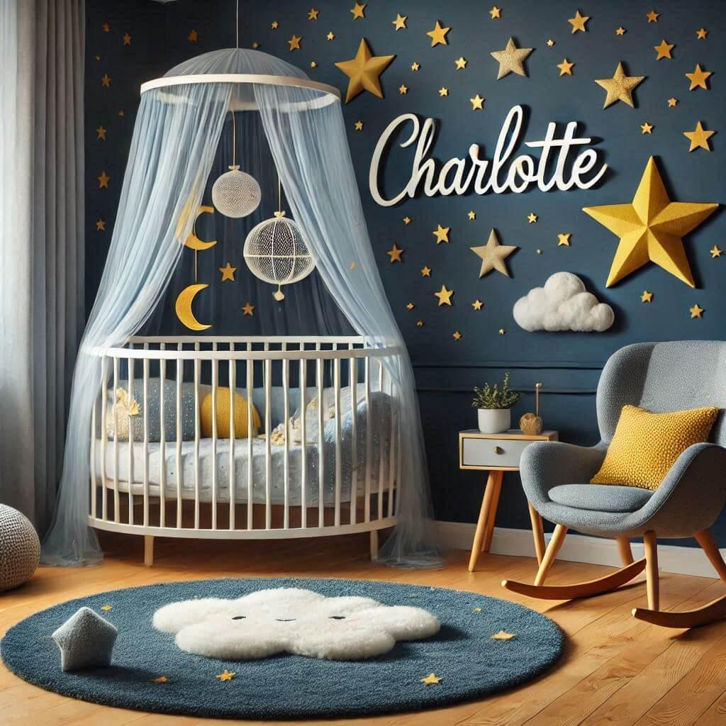 Une chambre de bebe sur le theme ciel etoile avec le prenom charlotte ecrit en decoration sur le mur couleur bleu nuit jaune tapis etoile lit rond ciel de lit peluche nuage avec un