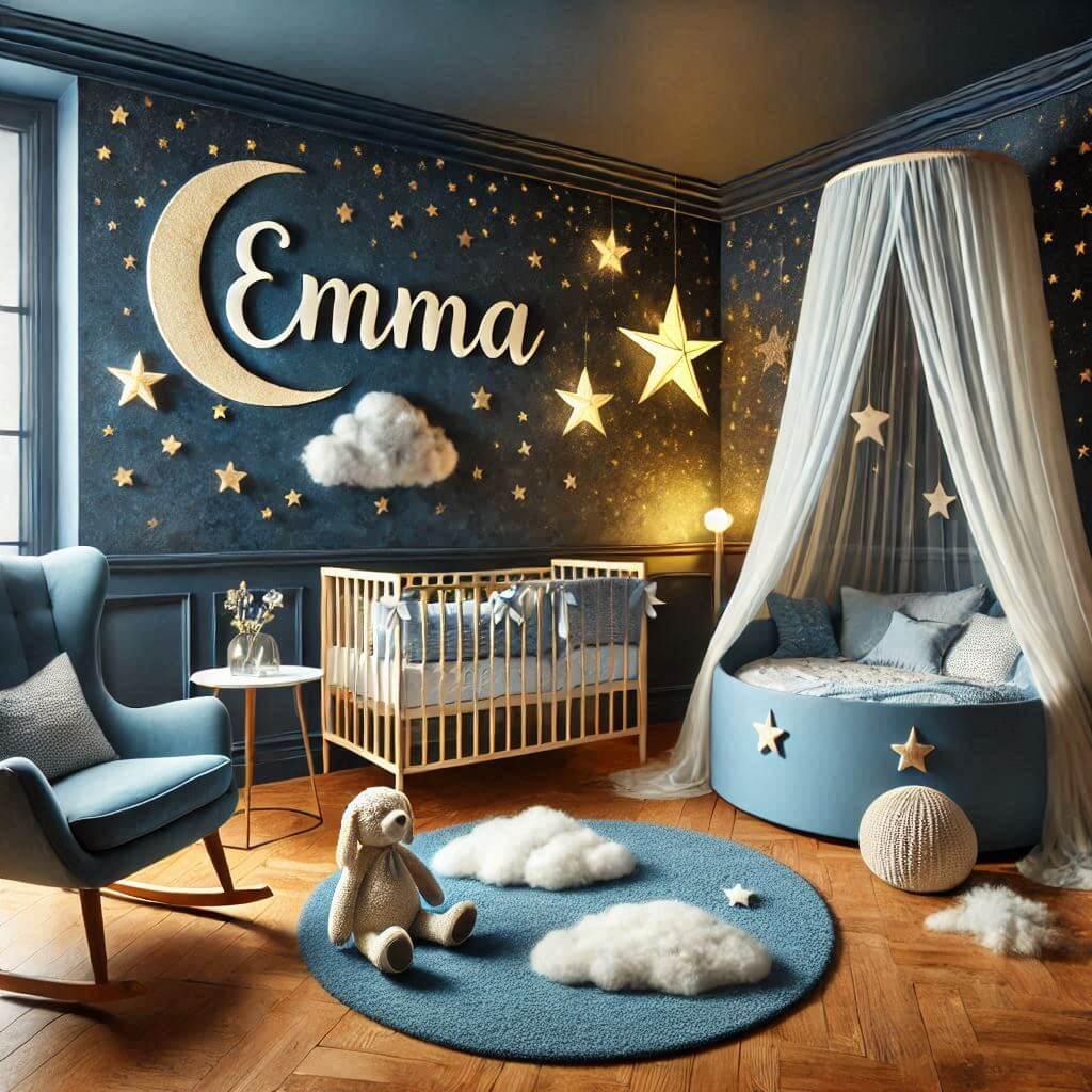 Une chambre de bebe sur le theme ciel etoile avec le prenom emma ecrit en decoration sur le mur couleur bleu nuit jaune tapis etoile lit rond ciel de lit peluche nuage avec un faut