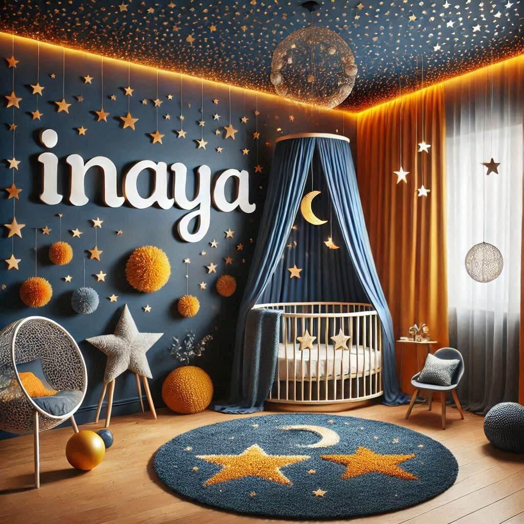 Une belle chambre de bebe fille avec le prenom inaya theme ciel etoile aux couleurs bleu nuit jaune orange