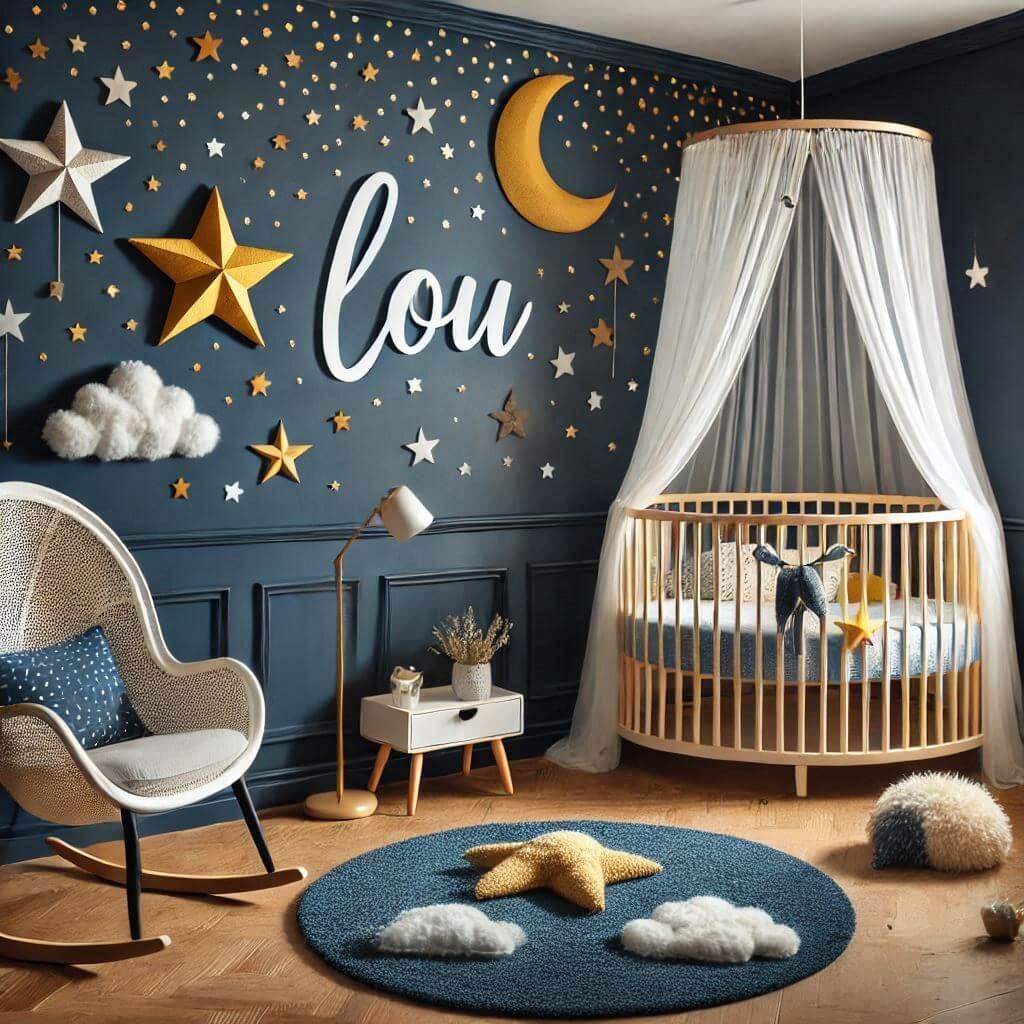 Une chambre de bebe sur le theme ciel etoile avec le prenom lou ecrit en decoration sur le mur couleur bleu nuit jaune tapis etoile lit rond ciel de lit peluche nuage avec un faute