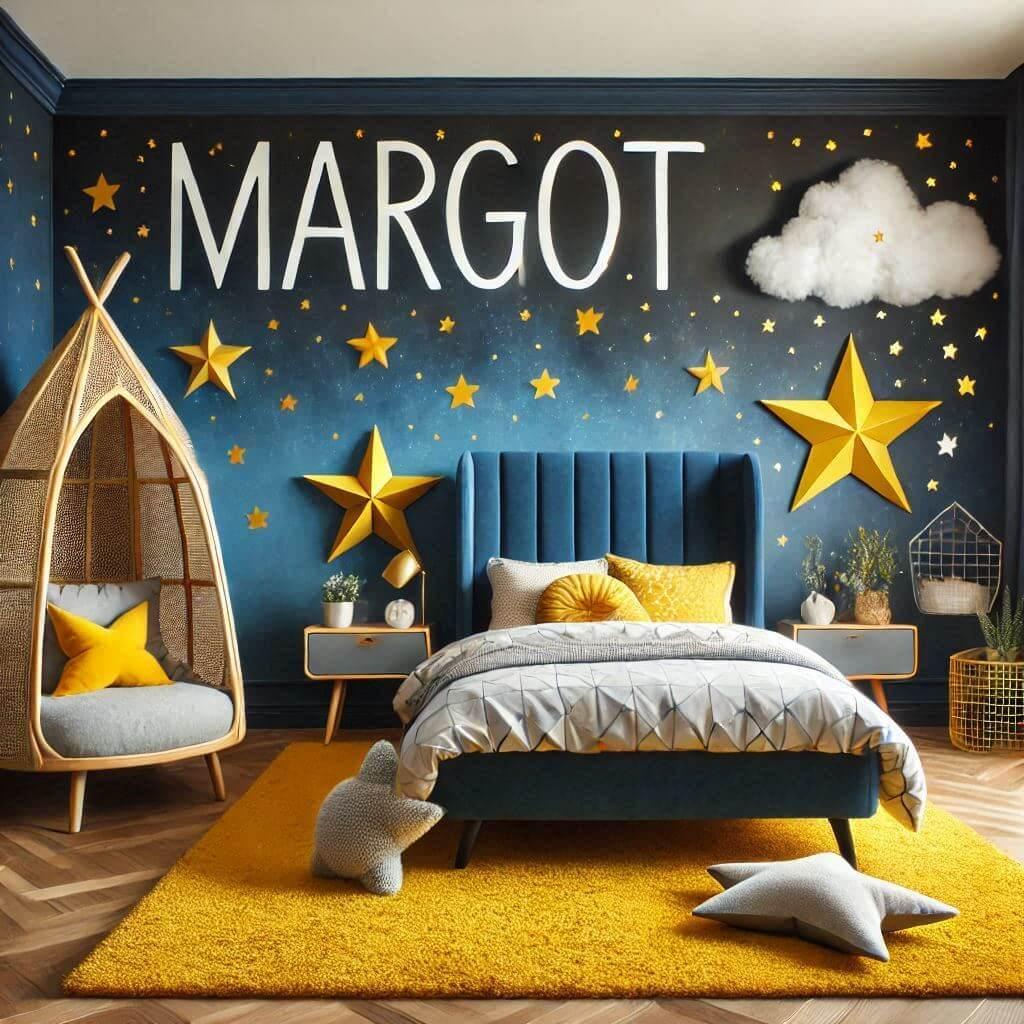 Une chambre de bebe sur le theme ciel etoile avec le prenom margot ecrit en peinture sur le mur couleur bleu nuit jaune tapis etoile lit cabane ciel de lit peluche nuage avec un fa